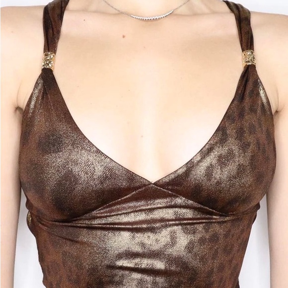 Vintage Leopard Print Gold Y2K Aesthetic Sleeveless Crop Tops Women Sexy Top - Picture 4 of 6